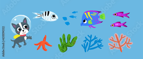 Vector set of underwater characters from childrens picture book. Dog diving underwater, cute fish, corals, seaweed. Children illustration of underwater world. Vector illustration