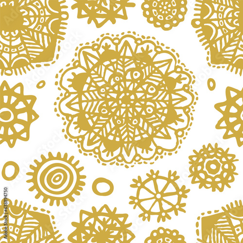 Golden snowflakes carved and drawn abstract seamless pattern (ID: 638894750)