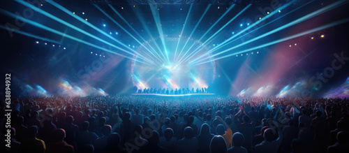 A crowd of people at a Ultra modern live event, concert, or ceremony. Large audience, crowd, or participants of a live event venue with bright lights above. photo