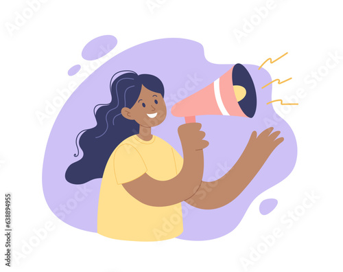Woman with megaphone speaking. Female character concept of announcement, advertising, promotion. Vector illustration in minimalist style
