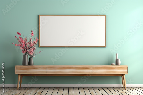 Minimalistisches Sideboard aus Holz mit Freiraum für Produktpräsentation, darüber hängt ein Bilderrahmen an mintfarbener Wand im Querformat, mit Freiraum zur Bildpräsentation oder als Textfreiraum.