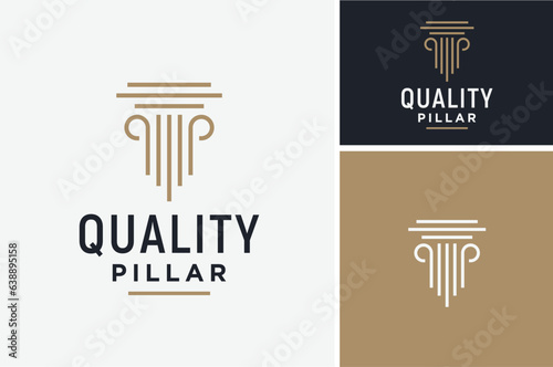 Building Greek Marble Pillar. Classic Column Stone Historical Architecture for Government Office Museum or Court Courthouse Lawyer Attorney Government Judicial Law Office Building logo design