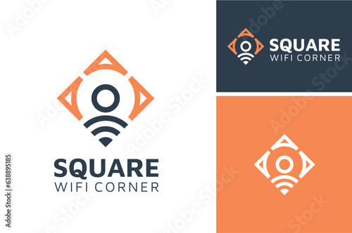 Pin Map GPS Location with Wi Fi signal, square corner with Wi-Fi frequency for wireless internet connection place logo design