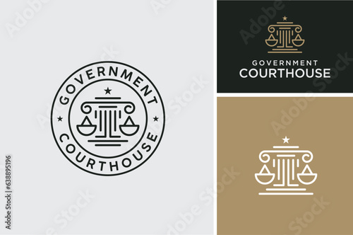 Libra Justice Scales with Greek Pillar Column Building for Court Courthouse Lawyer Attorney Government Judicial Law Office Label Stamp Emblem Badge Logo Design