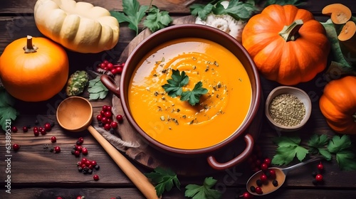 Pumpkin soup with vegetarian cooking ingredients, wooden spoons, kitchen utensils on wooden background. Top view. Vegan diet. Autumn harvest. Healthy, clean food and eating concept. AI Generative