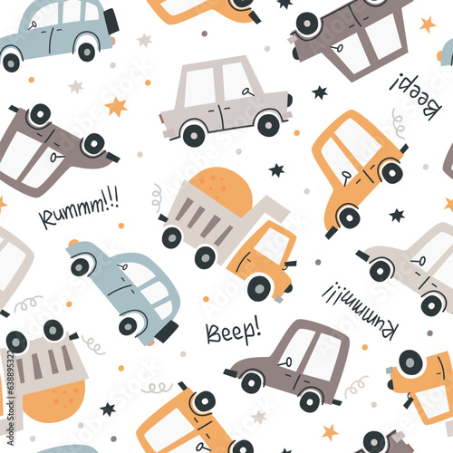 Boho seamless pattern with cute cars.