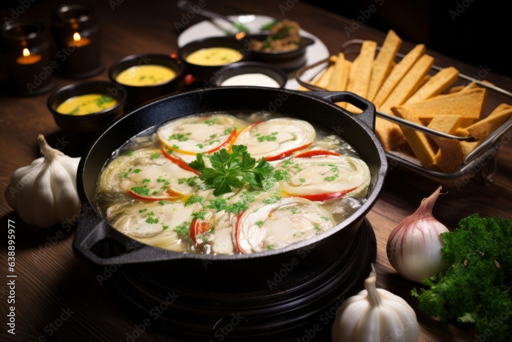 hearty Nabe, beautifully served with a side of traditional dipping sauces and a pot of rice