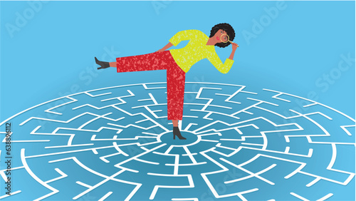 Woman, girl in complicated life decisions. Searching with magnifying glass. Standing on one leg in labyrinth. Strategies and goals. Dimension 16:9. Vector illustration.