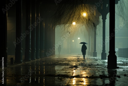 Solitude in rain: Sad figure, faded memories, fallen umbrella. Melancholy expression reveals hidden history., generative IA