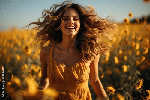 Joyful person embraces sunflowers on a sunny field., generative IA