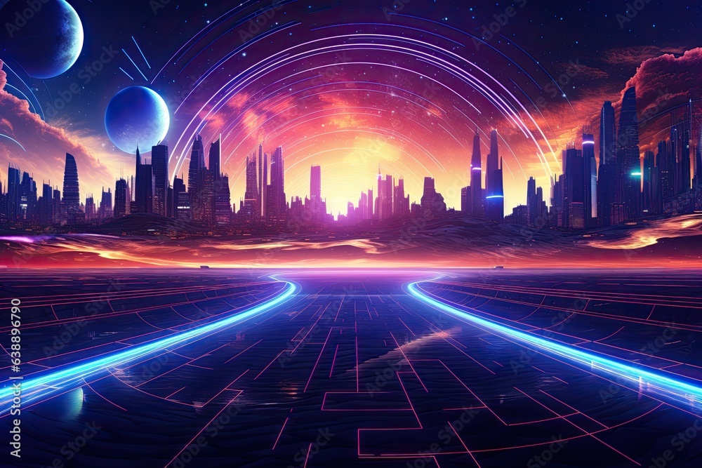 Futuristic neon cityscape with luminous lines. Abstract sci-fi skyline under cosmic glow.