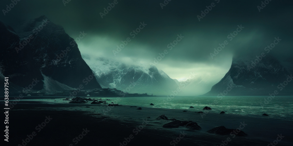 Arctic seascape with snow on mountain slopes. Strong Northern lights behind clouds casting green hue in the landscape.
