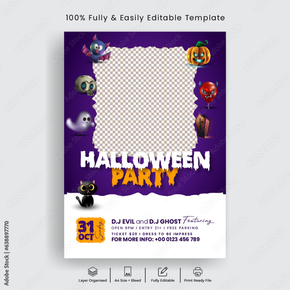 Halloween celebration party print flyer poster or leaflet template with scary pumkin spooky horror background