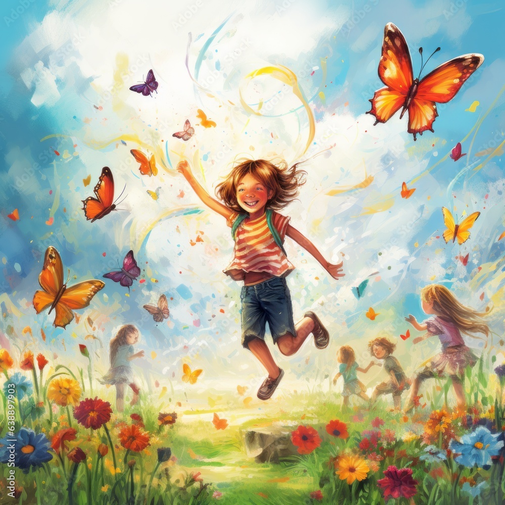 Children Chasing Colorful Butterflies in the Garden Children Chasing Colorful Butterflies in the Garden