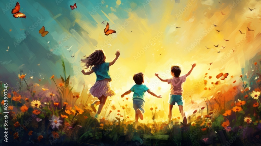 Children Chasing Colorful Butterflies in the Garden Children Chasing Colorful Butterflies in the Garden