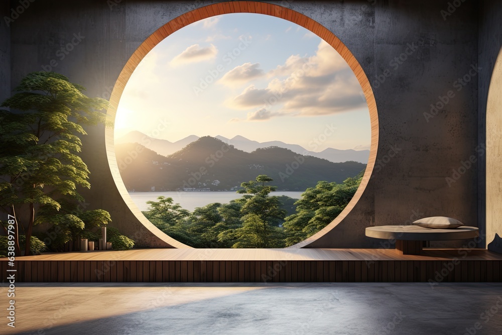 Modern circular window frames scenic nature view in minimalist concrete interior.