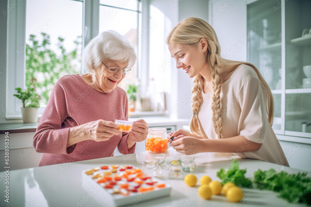 Medical care for an elderly patient at her home. Nurse or caregiver spending time with older woman. Generative AI