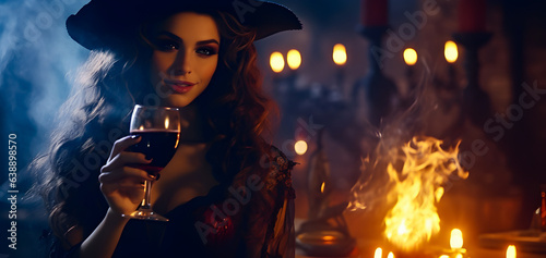 Young attractive witch with a glass of wine on the background of a bonfire