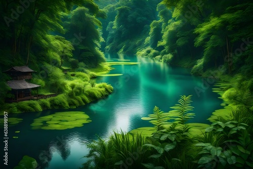 a serene landscape with a peaceful river and lush greenery