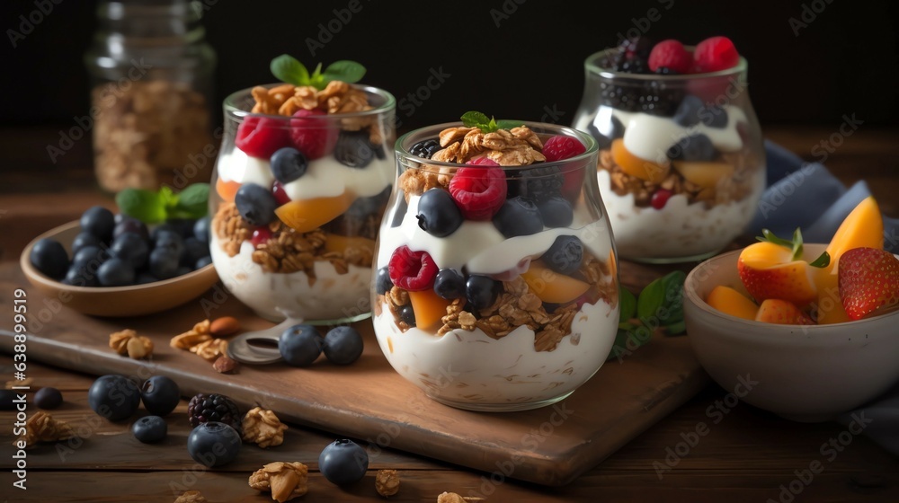 yogurt with fruits and berries and  Granola. a dessert in a glass with fruit on top  Generative AI