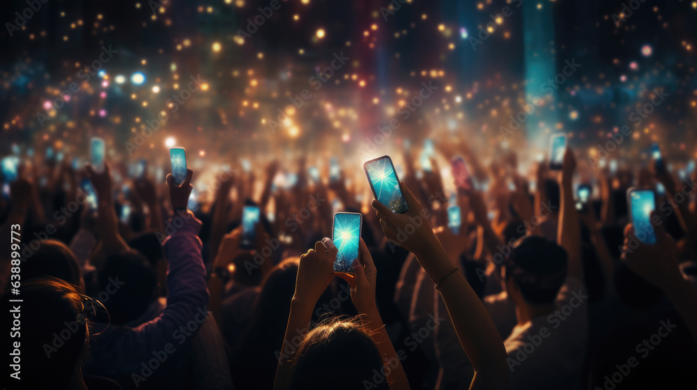 A crowd of people at a live event, concert or party holding hands and smartphones up