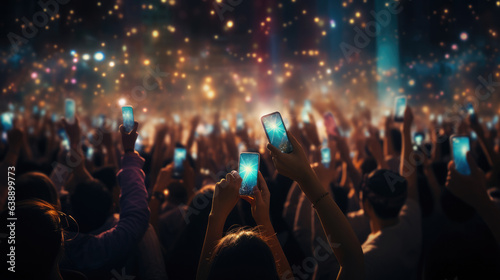 A crowd of people at a live event, concert or party holding hands and smartphones up © Sasint
