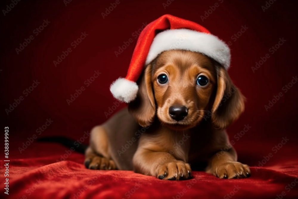 dachshund puppy in a santa hat on light background