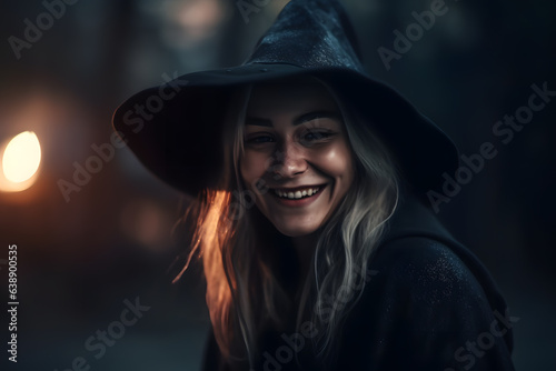 A young and beautiful witch with a friendly smile outside at night. Halloween theme, cinematic lighting. Generative AI © Mihai Zaharia