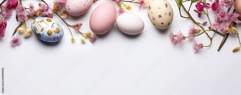 Colorful easter eggs in nest with flowers on bright marble white table