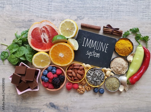 Assortment of food to naturally boost immune system. Healthy eating for strong immune system. Immune-boosting foods. Foods high in vitamins and mineral for strengthen immunity.