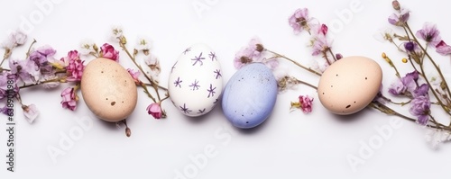 Colorful easter eggs in nest with flowers on bright marble white table