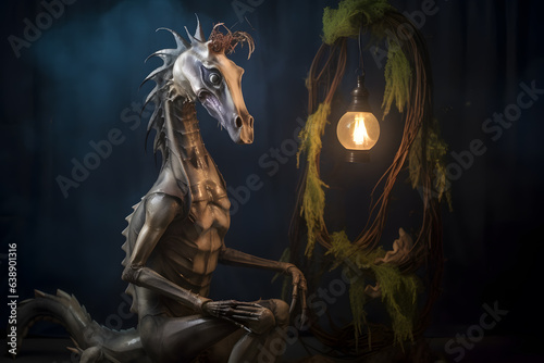 Spooky portrait of an evil seahorse in a Halloween setup in studio  dramatic lighting. Created with generative AI