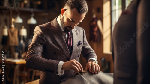 A men's suit tailor, making adjustments to a suit or men's coat. Well dressed gentleman, of a custom tailored suit shop. bespoke formal clothing. © Sasint