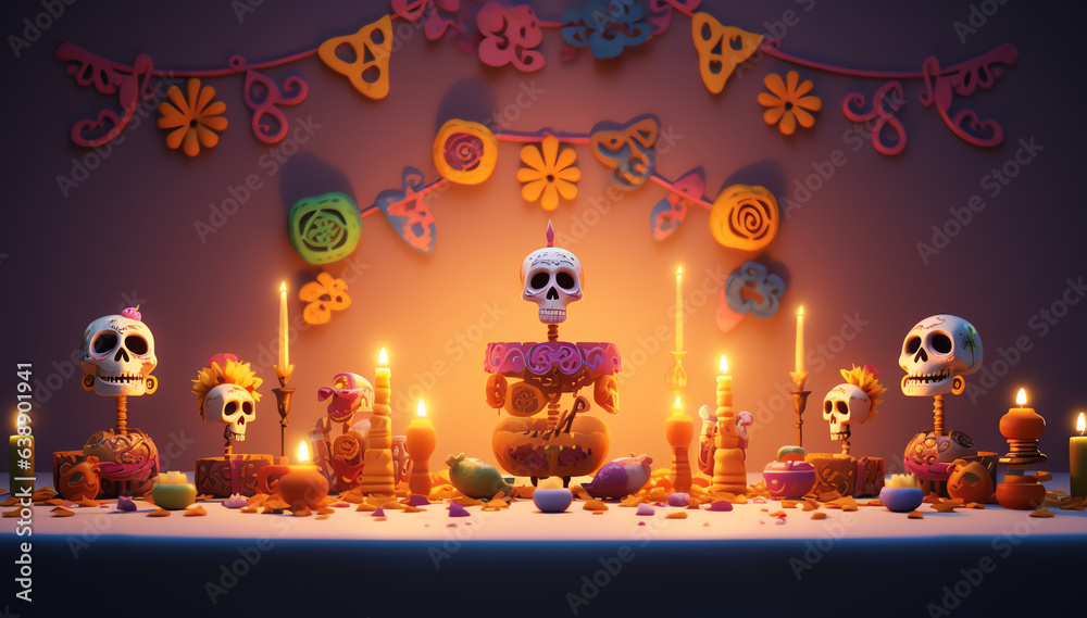 Colorful Dia de los muertos celebration, mexican holiday Day of Dead, skull ornaments Colorful Dia de los muertos celebration, mexican holiday Day of Dead, skull ornaments