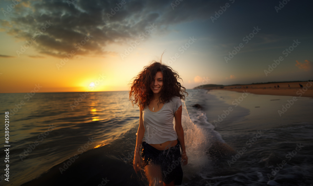 Beach portrait of sensual woman walking on beach at sunset, Generative AI illustration