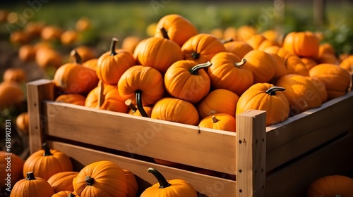 pumpkins in a wooden box on a pumpkin patch farm fall autumn season, AI Generative