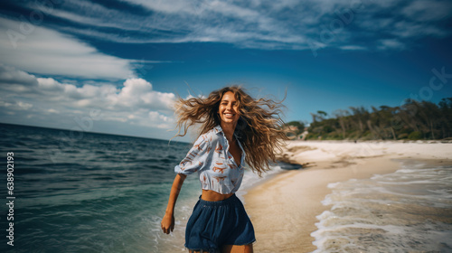 Beach Portrait of happy young woman, Generative AI illustration