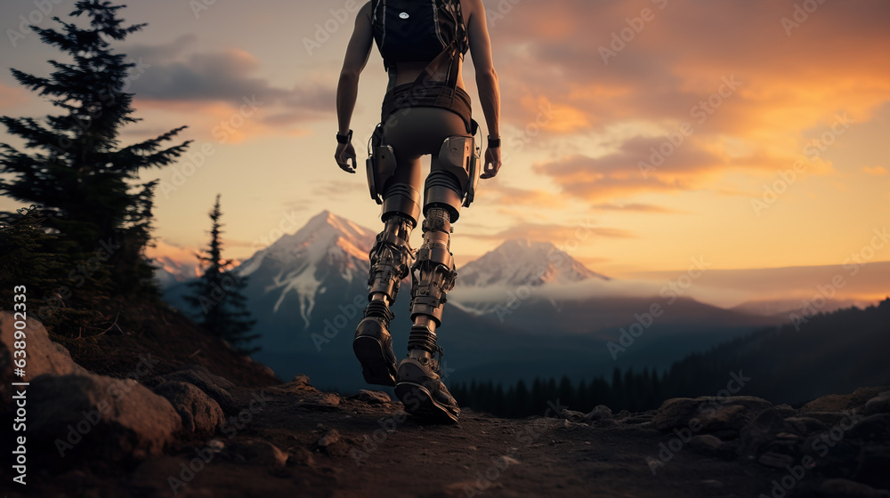 Overcoming life obstacles concept with disabled man with prosthetic legs hiking in the mountain, Generative Ai illustration