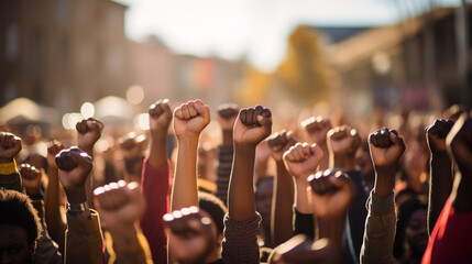 Multi ethnic people raising their fists up in the air, Generative Ai illustration