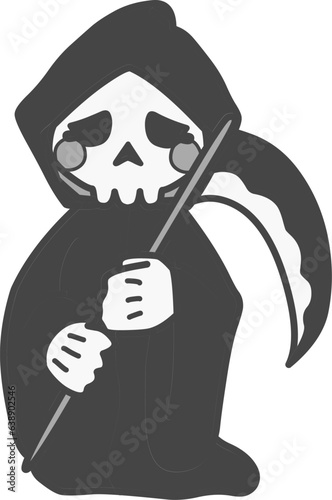 可愛くデフォルメした悲しんでいる死神のモノクロイラスト