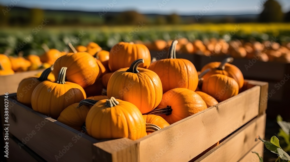 pumpkins in a wooden box on a pumpkin patch farm fall autumn season, AI Generative