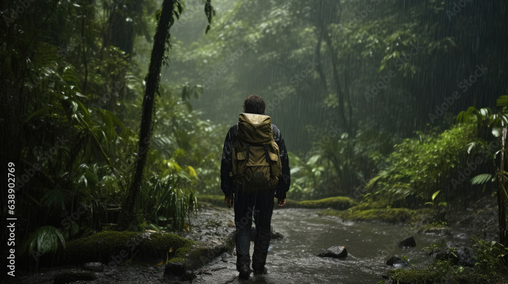 A trekker in the rain forest, in the rain, with difficulty
