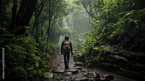 A trekker in the rain forest, in the rain, with difficulty