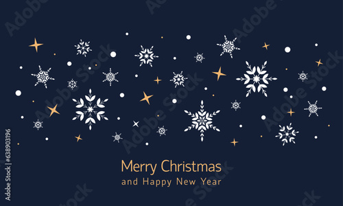 Blue christmas card with white snowflakes, marry christmas and happy new year