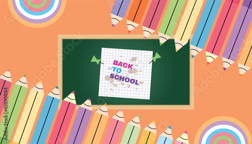 Back to school template design  banner  School stuff, supplies bundle. Stationery, items, accessories,  folder, pencil, pen   Flat vector illustration