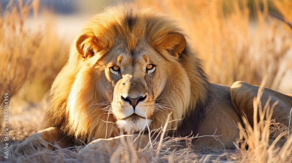 Obraz premium Big male African lion (Panthera leo) lying in the grass, Etosha National Park, Namibia, southern Africa