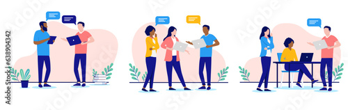 Colleague communication collection - Set of vector illustrations with people in office talking and having conversation while working on computers. Flat design with white background