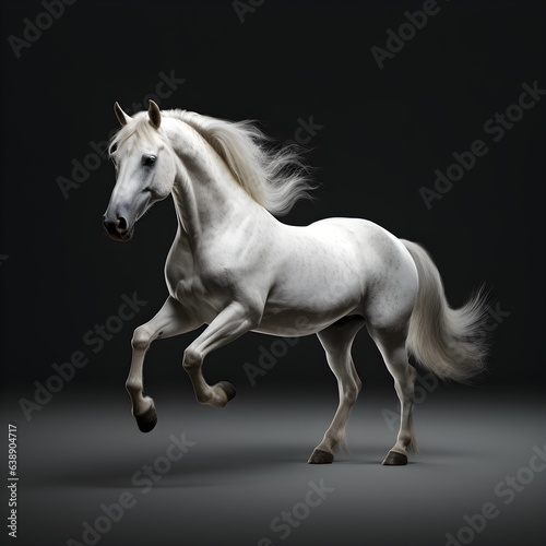 a white horse running in a dark room