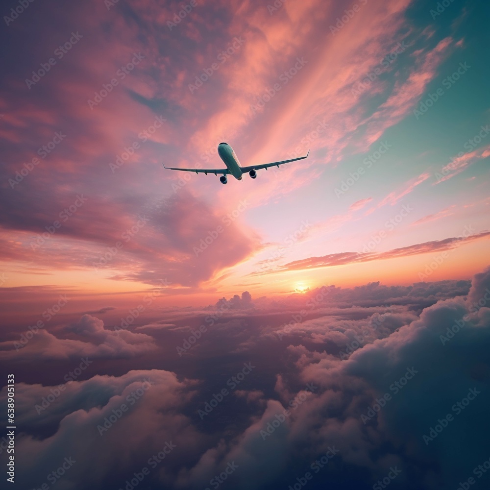 Airplane in the sky at sunset Airplane in the sky at sunset