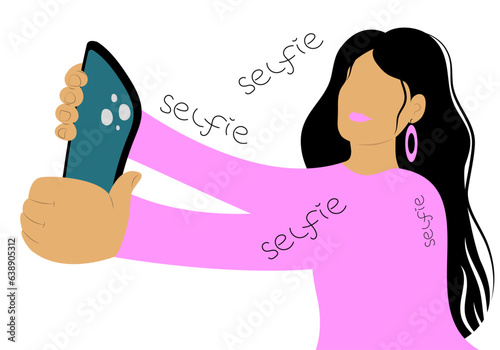 Young cheerful girl holding smart phone and taking picture of herself. Popular blogger influencer making selfie, shooting video story. Social media concept.